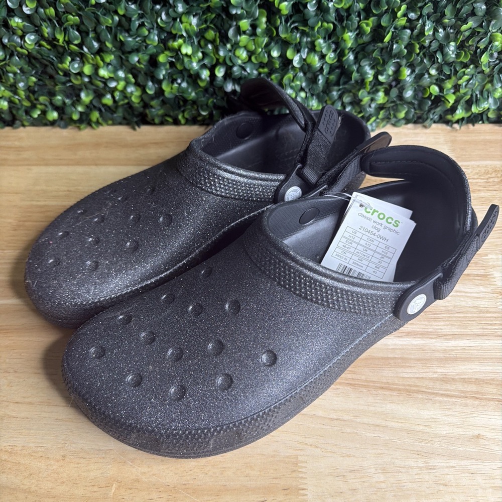 Crocs Classic Work Clogs Mens Black Glitter Slip-On Adjustable - 12 Non-slip